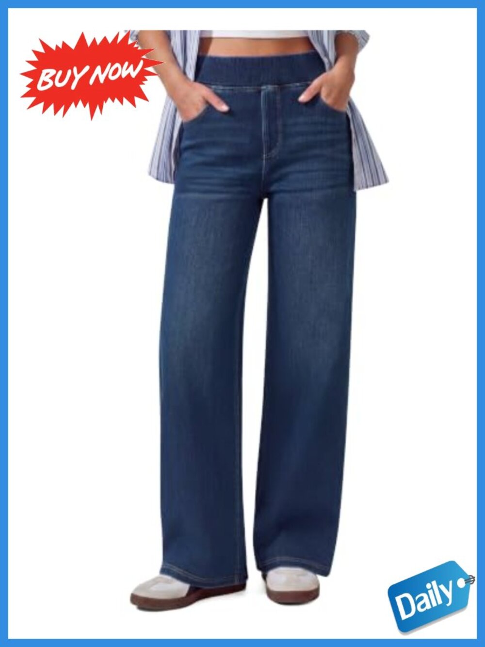 Wide Leg High Waisted Pull On Stretch Denim Jeans Tummy Control